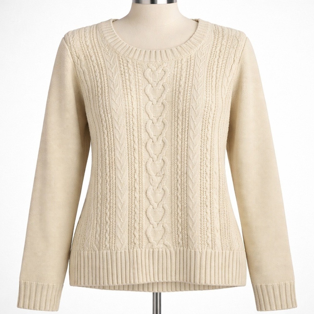 Vintage 3D Chunky Cable Knit Crewneck Sweater Size L Cream Cottagecore Fisherman